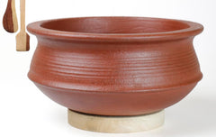 Deep Burned Uncoated Clay Biryani Pot Or Mitti Handi With 2 Wooden Spatulas Complimentary For Cooking & Serving - Red, 1 Liter | Pre-Seasoned Mud Pot - Unglazed, Double Fired, Hand Crafted