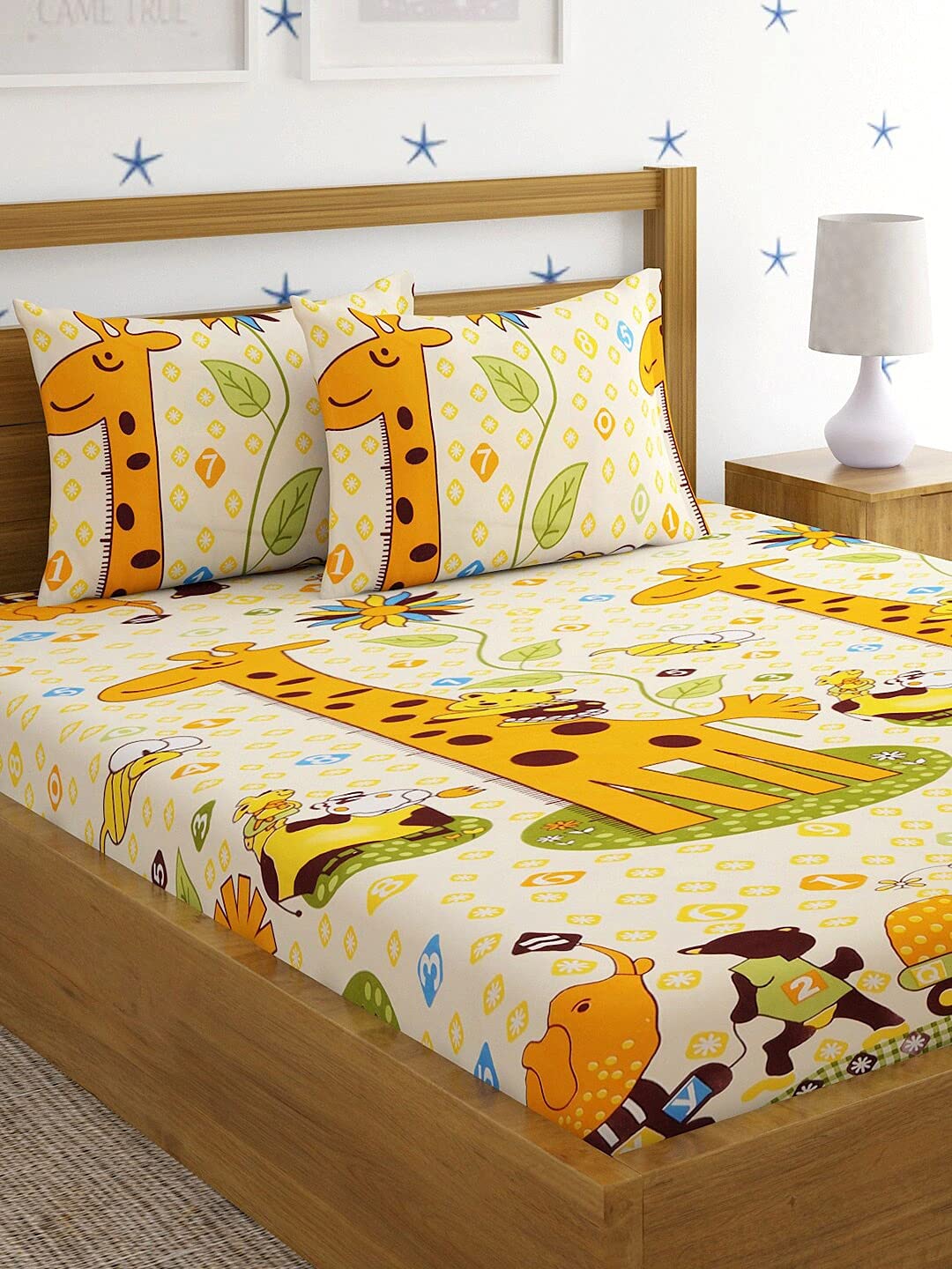 Microfiber Kids Giraffe Elastic Fitted Double Bedsheet With 2 Pillow Covers | 90 X 90 Inches, Yellow | Normal Hand Wash Or Machine Wash