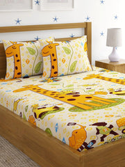 Microfiber Kids Giraffe Elastic Fitted Double Bedsheet With 2 Pillow Covers | 90 X 90 Inches, Yellow | Normal Hand Wash Or Machine Wash
