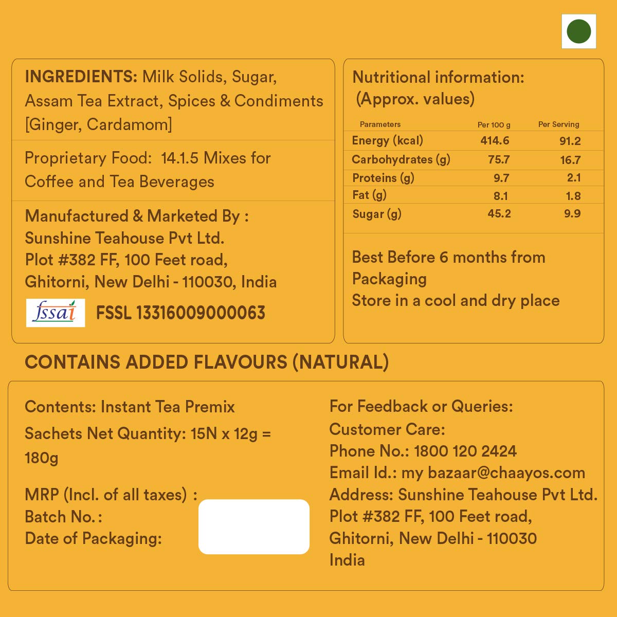 Chaayos Instant Adrak Elaichi Chai Premix - 15 Sachets, 330gm, 11.6 Ounce | Regular Sugar Adrak Elaichi Chai - Premix Ready Mix Tea | Medium Caffeine Flavored Tea