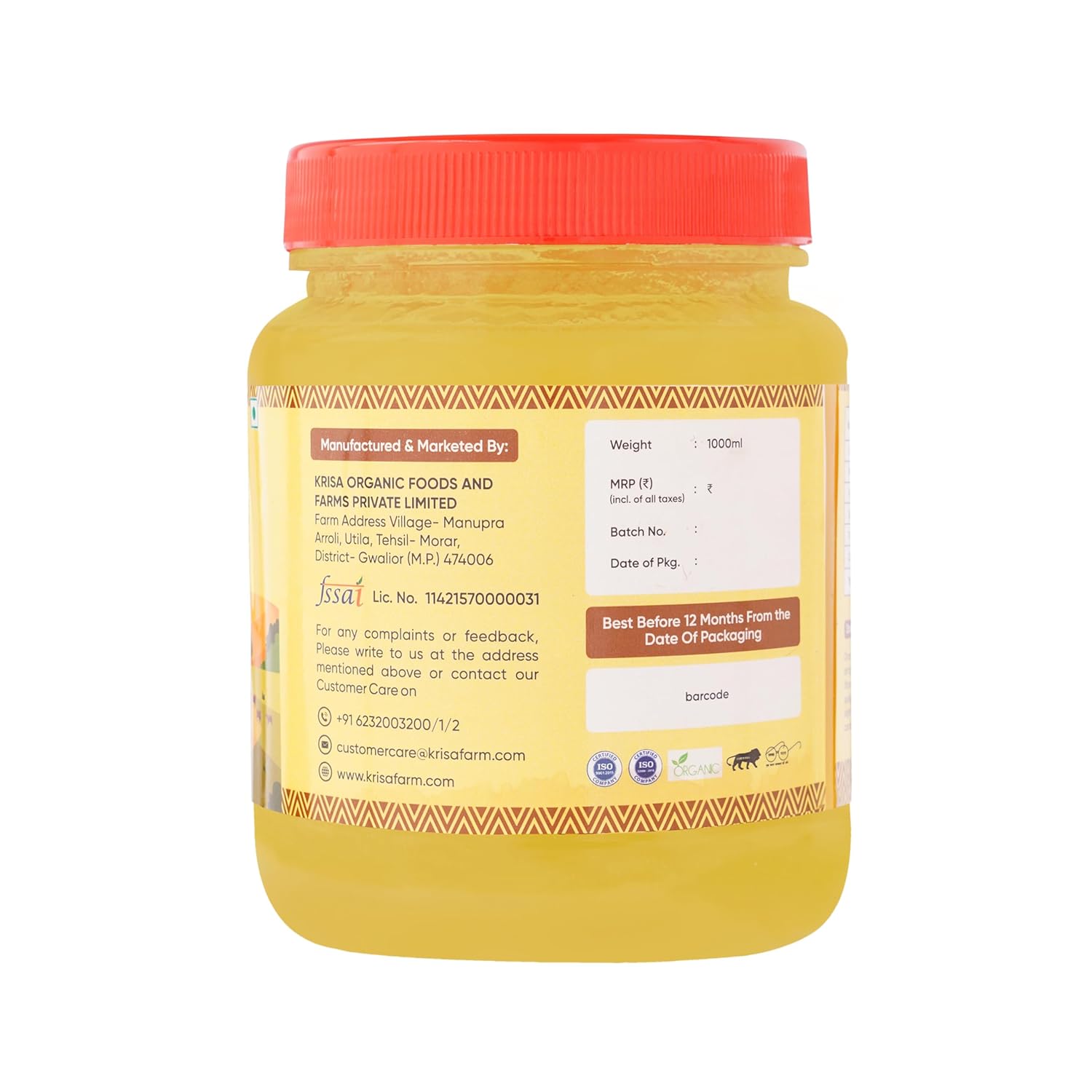 100% Natural Cow Ghee By Krisa Organic | Rich In Nutrients & Vitamins A, D Healthy Pure Desi Ghee Good For Bakes Cookies | (1 Litre) 33.8 Ounce | Jar Pack