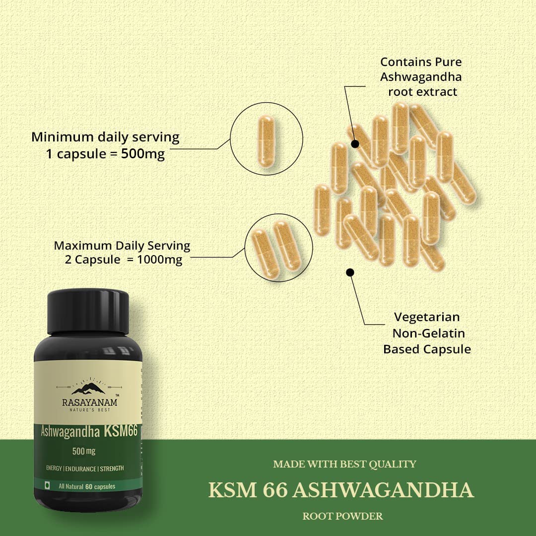 Rasayanam Ashwagandha Ksm-66 500mg Extra Strength Natural Formulation Support Strength & Energy Withania Somnifera Extract | 60 Veg Capsules 100gm 0.2lbs