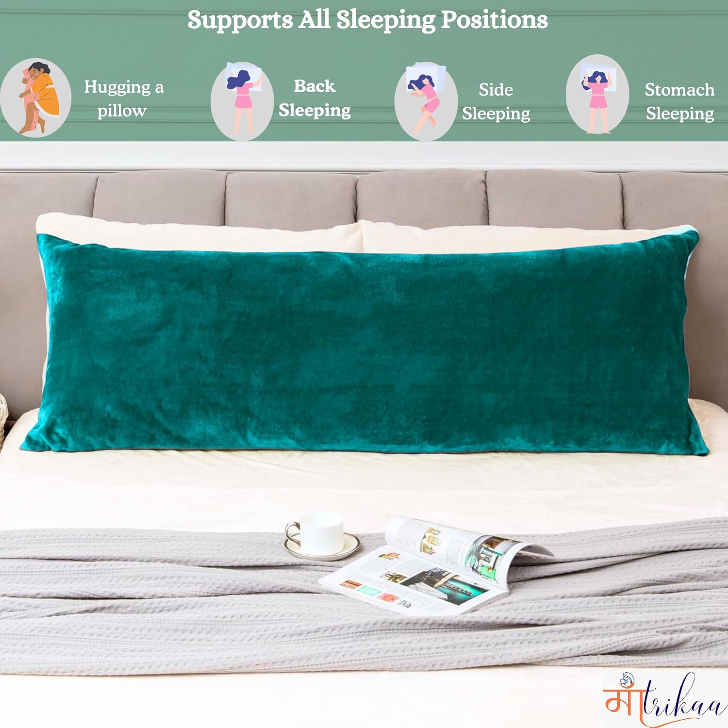 Full Body Pillow, Long Sleeping, For Side Sleeping Hugging, Cuddling, Dark Green - 54 X 18 Inches | For Relaxing & Pregnancy Comfort, Velvet Pillow With Removable Cover, Adjustable Pillow