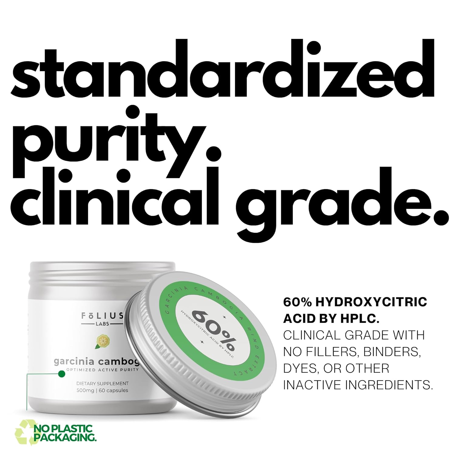 Folius Labs Pure Garcinia Cambogia Extract Supplement 500mg 100% Natural Hca Extract Concentrated To 60% - Supports Healthy Digestion & Metabolism | 60 Capsules 100gm 0.2lbs
