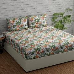 Cotton Bedsheet With 2 Pillow Covers - 88 X 96 Inches, Orange & Green | Ideal For Villas, Guest Houses, & Daily Home Use Double Bedsheet