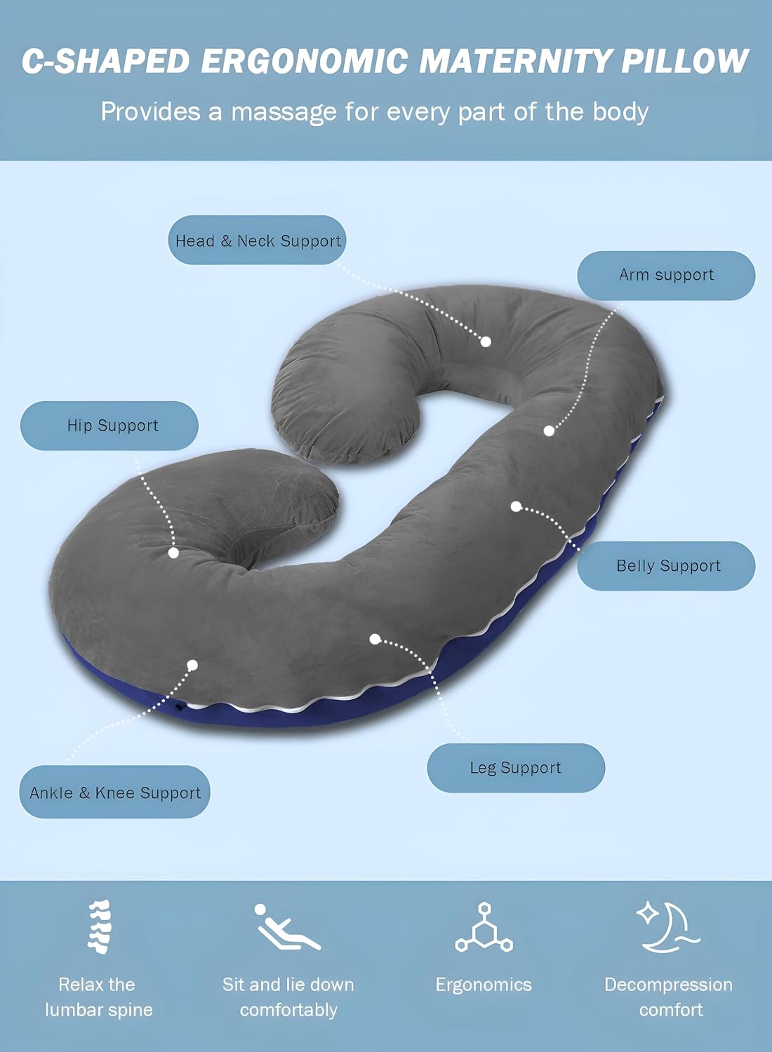 C Shaped Pillow, Pregnancy Pillow For Maternity & Baby Nursing - Grey & Dark Blue | Pregnant Women Stomach, Spine, Neck Support, Velvet Outer Cover With Zip, Adjustable, Multipurpose Use