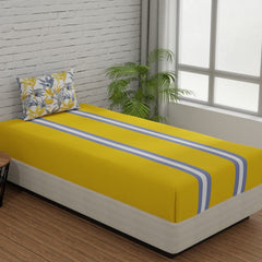 Single Bedsheets With 1 Pillow Cover - 55 X 88 Inches, Stripes & Flamingos Yellow & Grey | Soft & Breathable Fabric | Comfortable For Daily Use