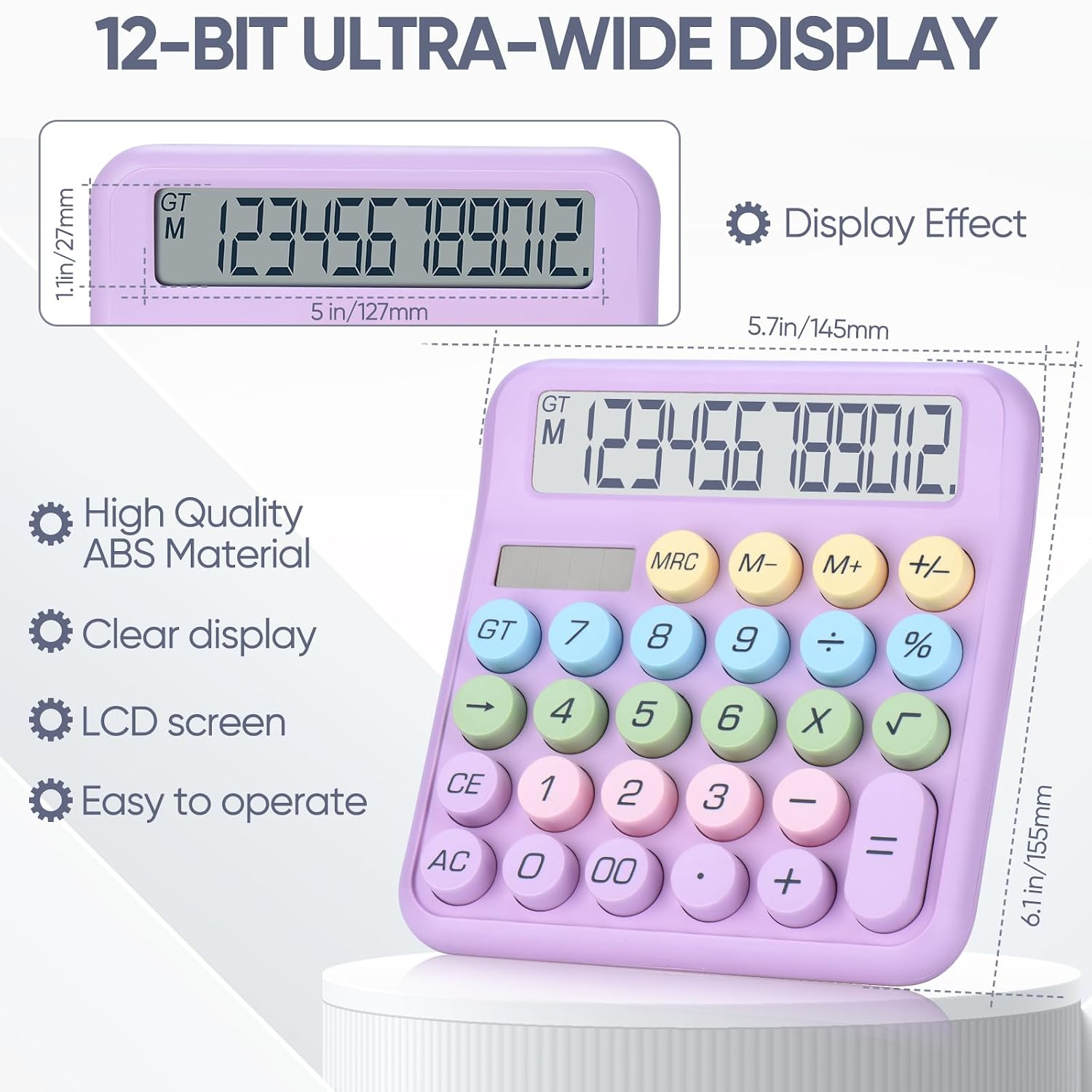 Desktop Calculator, powered By Batteries (Included)12 Digit Large LCD Display, big Buttons Easy To Press, automatic Sleep, for Office, school, Home. (Purple)