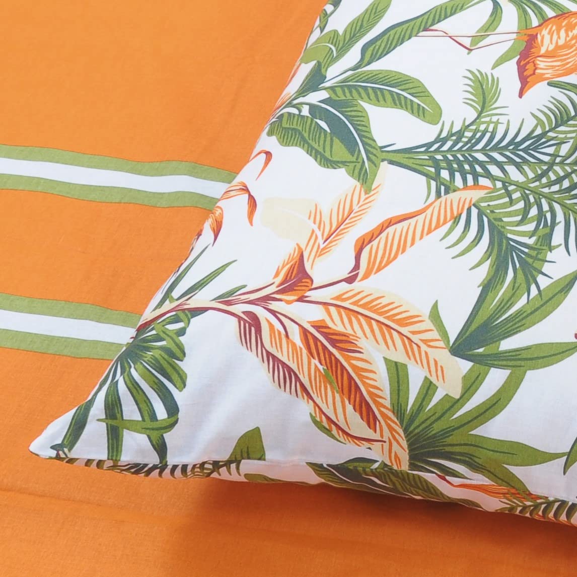 Bedsheets For King Size Bed With 2 Pillow Covers - 108 X 108 Inches | Stripes & Flamingos Orange & Green | Perfect For Home Decor & Gifts | 144 Thread Count