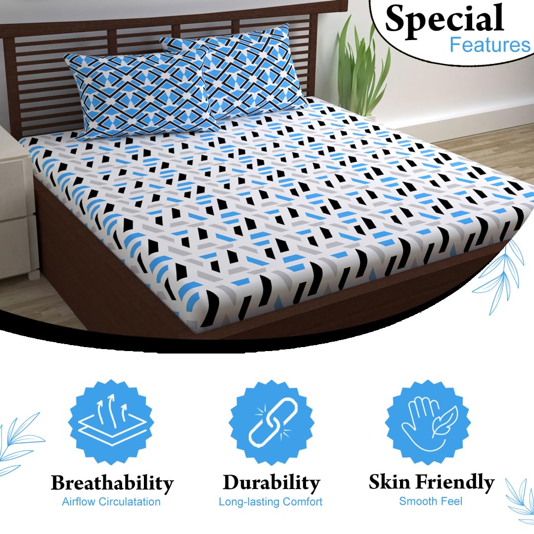 Cotton Extra Double Bedsheet For King Size With 2 Pillow Covers | 87 X 106 Inches, Grey & Blue - Ideal For Home, Guest House, Hotel | Soft & Breathable Fabric