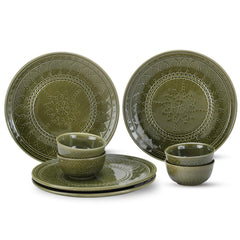 Handcrafted Stoneware Embossed Dinner Set Of 4 - Ceramic Pack Of 8 Pcs, Moss Green | 4 Dinner Plates + 4 Bowl Or Katoris, 180ml Each - Microwave & Dishwasher Safe | Serving For 4