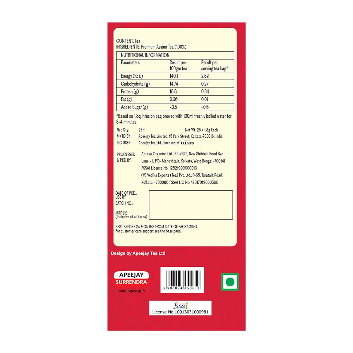 Flurys Classic Assam Tea - 100 Staple Free Tea Bags | Rich With Antioxidants - Medium Caffeine Leaf Tea