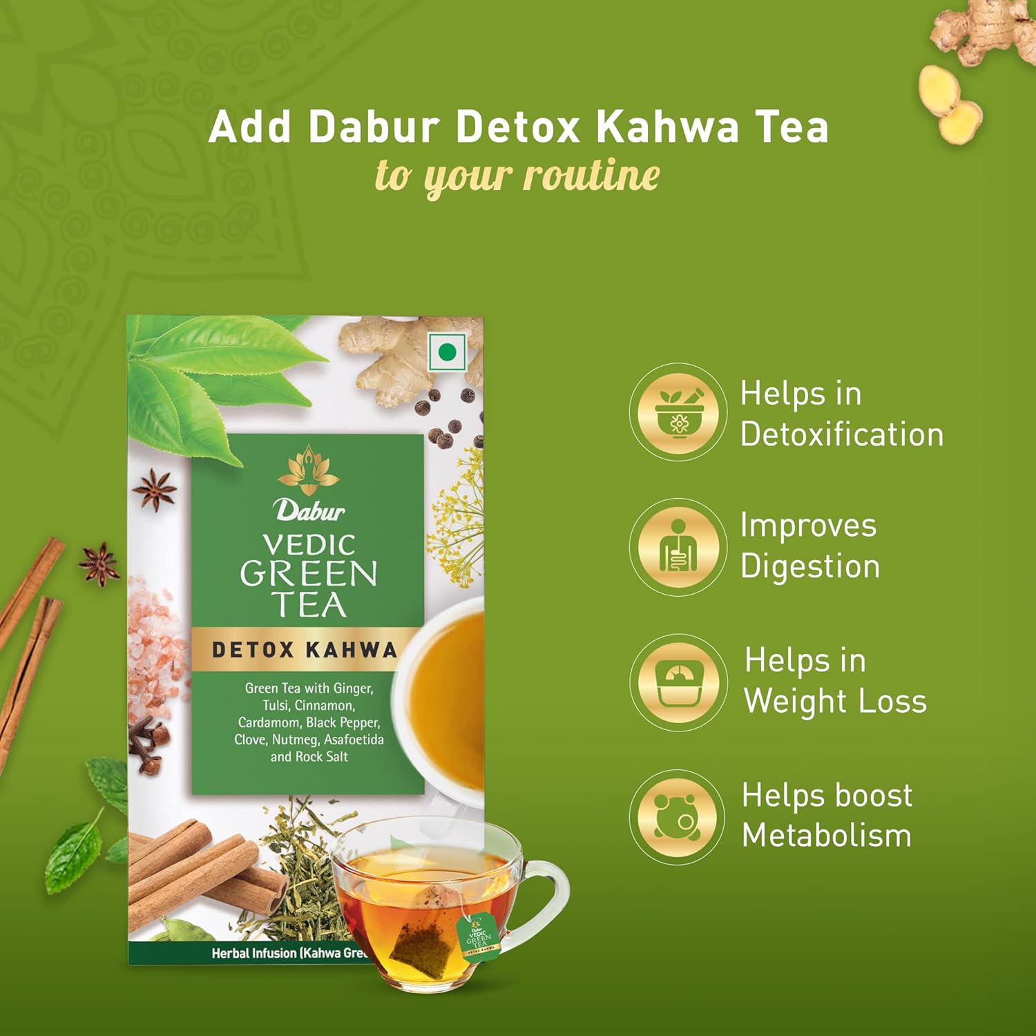 Dabur Vedic Detox Kahwa Green Tea - 25 Tea Bags | Blend Of 8 Real Ayurvedic Herbs & Rock Salt - Helps In Detoxification, Improves Digestion | Caffeine Free