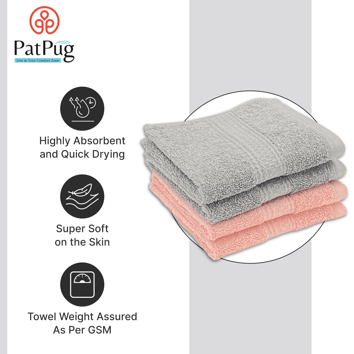 Patpug 100% Indian Ultra Soft Cotton Face Towel 500 Gsm | Napkin, Baby Face Towel, For Facewash, Gym, Travel, Hanky (Silver Grey & Baby Pink) | Pack Of 4