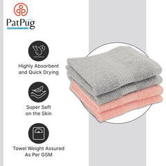 Patpug 100% Indian Ultra Soft Cotton Face Towel 500 Gsm | Napkin, Baby Face Towel, For Facewash, Gym, Travel, Hanky (Silver Grey & Baby Pink) | Pack Of 4