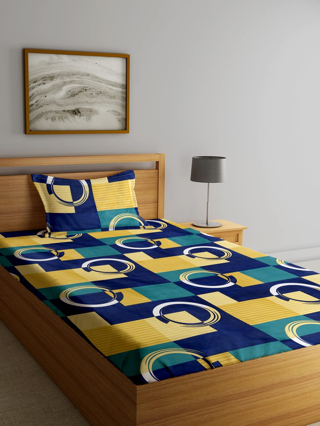 Single Bedsheet With 1 Pillow Cover - 55 X 86 Inches, Yellow & Blue | Normal Hand Wash Or Machine Wash | Breathable & Wrinkle Free