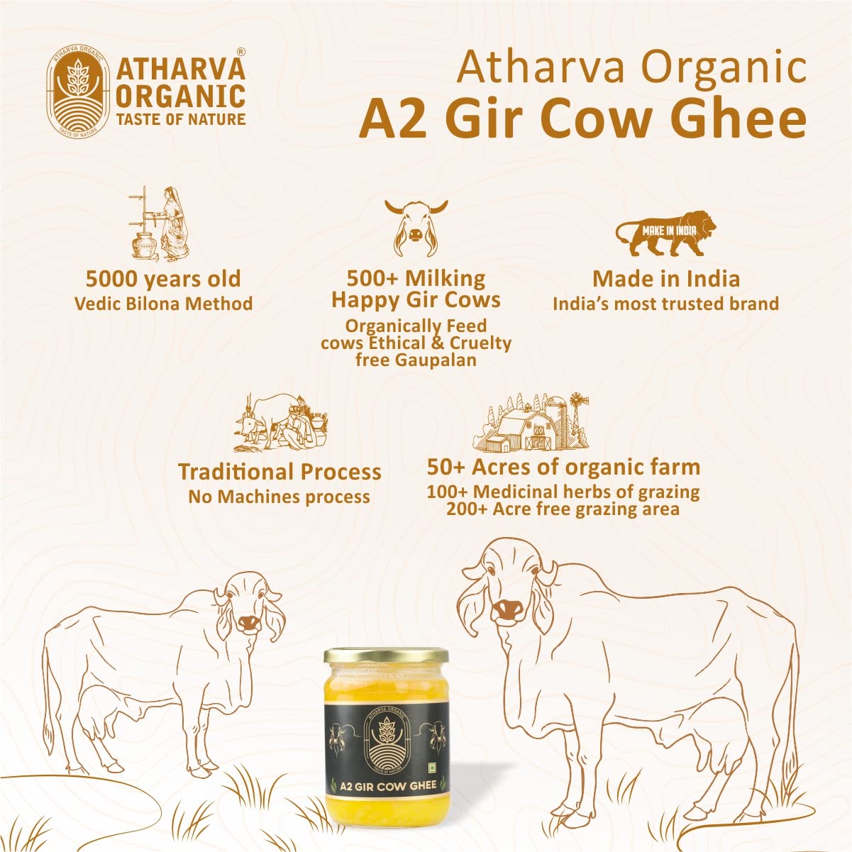 Premium A2 Desi Gir Cow Ghee By Atharvaa Organic | Natural & Healthy Protein Fiber Desi Cow Ghee Perfect For Body Joint Pain | (500ml) 16.9 Ounce | Jar Pack