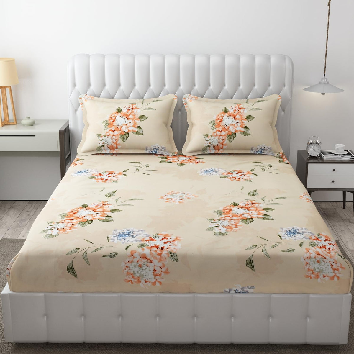 King Size Bedsheet With Two Pillow Cover (Size - 78 X 72 Inches, Rose Beige) | Elastic Fitted Floral Bedsheet | Best For Festival Gifting