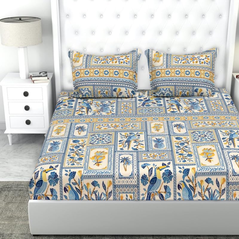 100% Cotton Double Bedsheets With 2 Matching Pillow Covers - 90 X 100 Inches, White & Blue | Printed Double Sheet Super Soft Breathable & Wrinkle Free