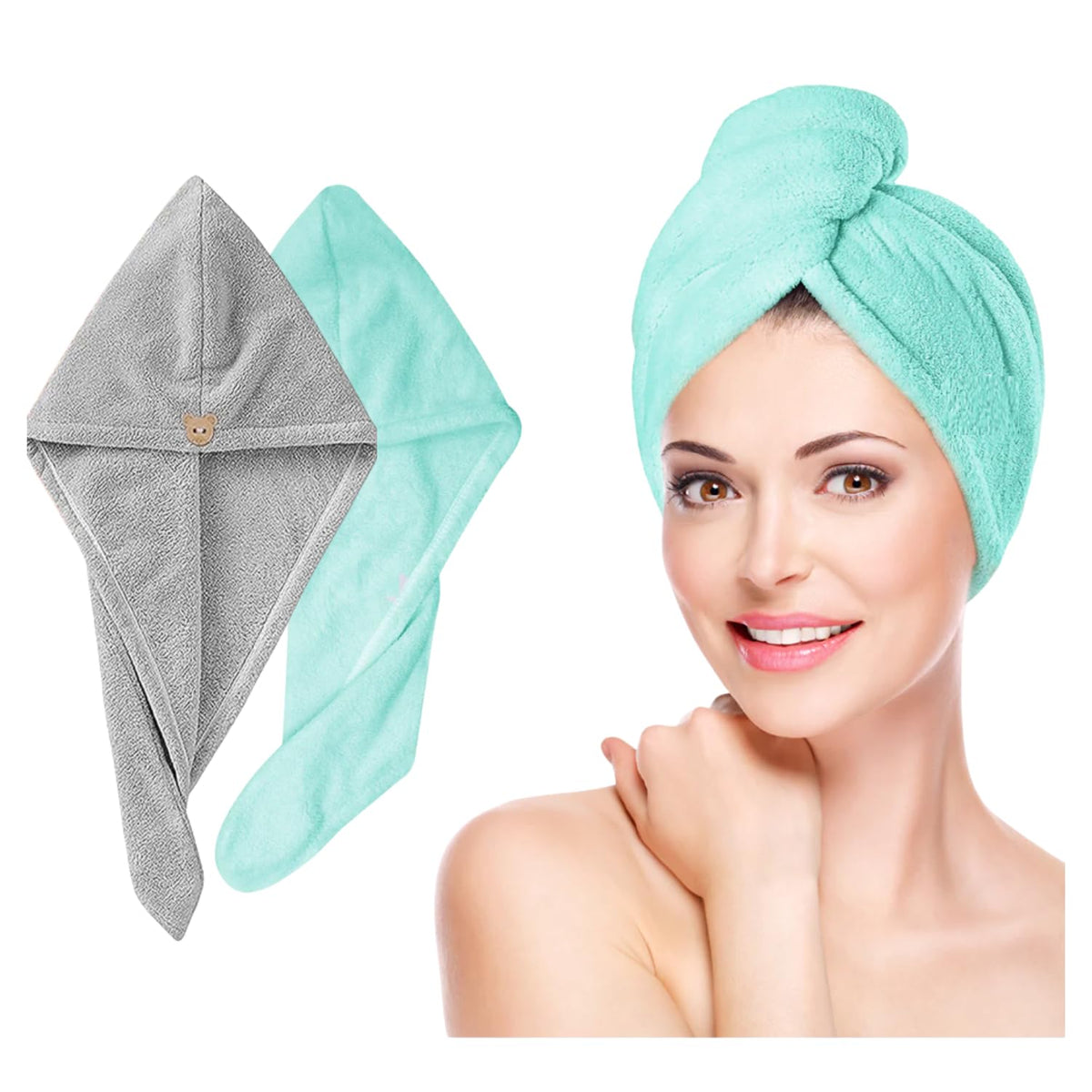 Fezora Hair Towel Wrap For Women (Pack Of 2) | Quick-Dry Microfiber Hair Turban With Elastic Loop | Super Absorbent Hair Drying Towel For Ladies & Girls (Grey & Pista Green)