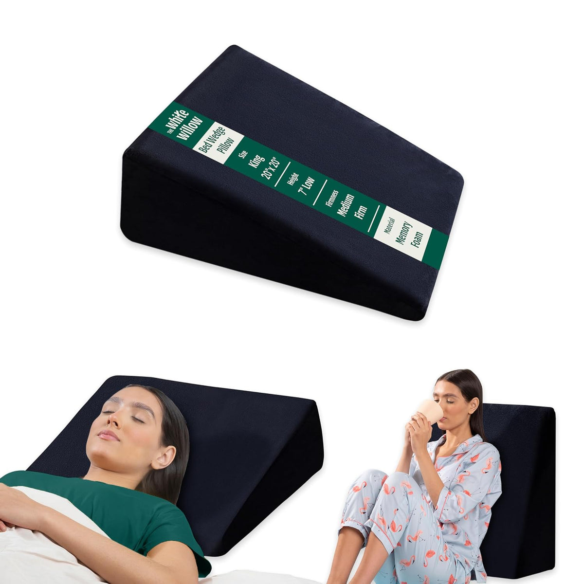 Bed Wedge Pillow For Sleeping, Leg Elevation Memory Foam Pillow, King Size - 20 L X 20 W X 7 H Inch | Low Height, HR Foam Pillow With Removable Cover | Eco-Friendly, Compressible