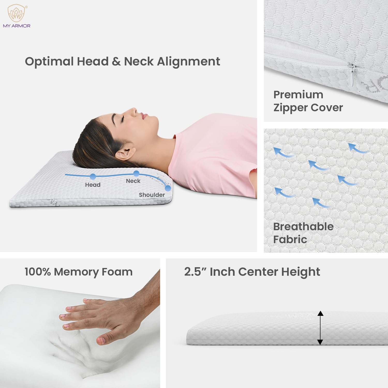 Memory Foam Pillow, Ultra-Thin Orthopedic Pillow For Sleeping, White - 2.5 Inch | Bed Pillow With Removable Washable Cover | For Long-Lasting Use, Cooling, Adjustable Pillow - Pack Of 1