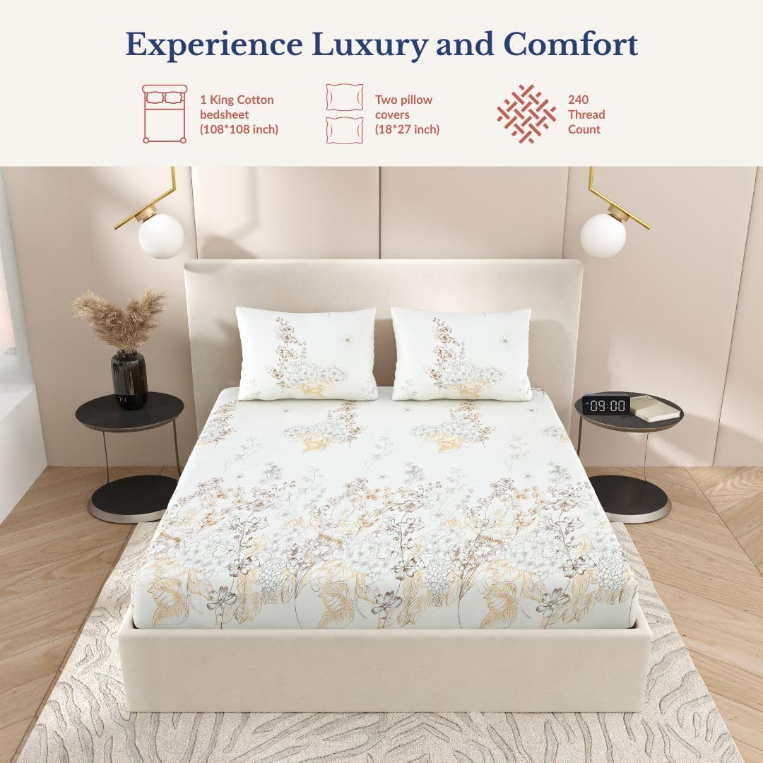 Super King Pure Cotton Bedsheet With 2 Pillow Covers | 108 × 108 Inches, Cream & Brown | Soft Breathable Floral Design Bedding | Comfortable Sleep All Year