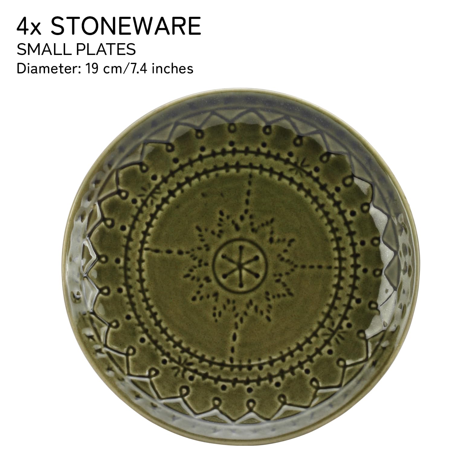 Ceramic Hand Glazed Stoneware Embossed Small Plates Set Of 4 - 7.4 Inch, Moss Green | Microwave Safe & Dishwasher Safe – Handcrafted Quarter Plates Set