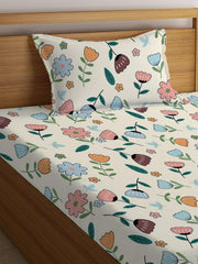 Jaipuri Single Bedsheet With 1 Pillow Cover - 42 X 75 X 8 Inches, Multicolor | Super Soft Premium Brushed Glace Cotton | Breathable & Wrinkle-Free | Elastic Fitted Bedsheet