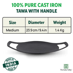 Pre-Seasoned Black Cast Iron Concave Tawa With Double Handle - 24cm, 9.4 Inch, 1.4 Kg | Gas Compatible, Naturally Nonstick, 100% Pure & Toxin-Free, No Chemical Coating