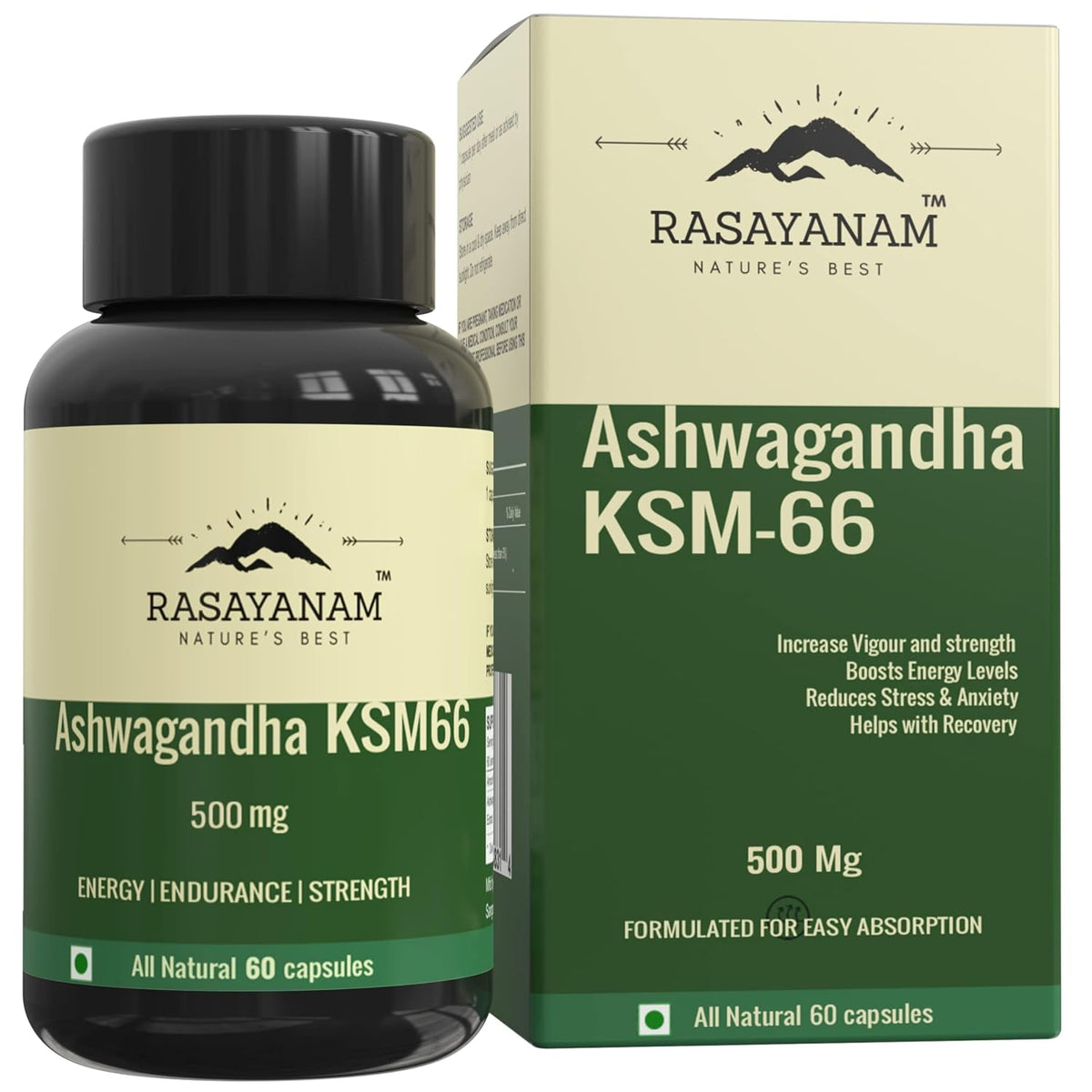 Rasayanam Ashwagandha Ksm-66 500mg Extra Strength Natural Formulation Support Strength & Energy Withania Somnifera Extract | 60 Veg Capsules 100gm 0.2lbs