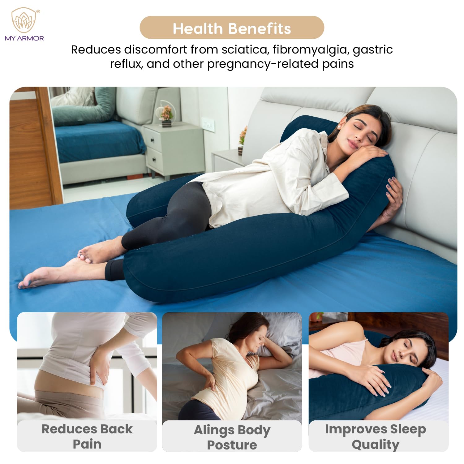 Full Body U Shape Pregnancy Pillow For Women, Maternity Pillow, Navy Blue | Pillow Gift For Pregnancy Sleeping, Premium Velvet Cover With Zip | Adjustable & Washable, Relieves Pain