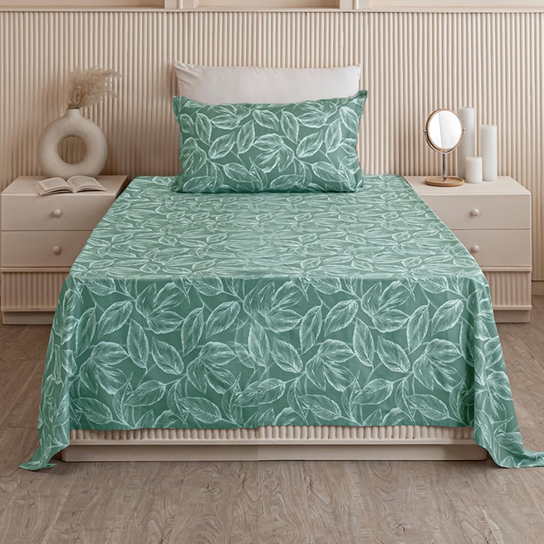 Luxurious Printed Flat Bedsheets With 1 Pillow Cover - 60 X 90 Inches, Aqua Green | Breathable & Wrinkle Free | Soft & Durable