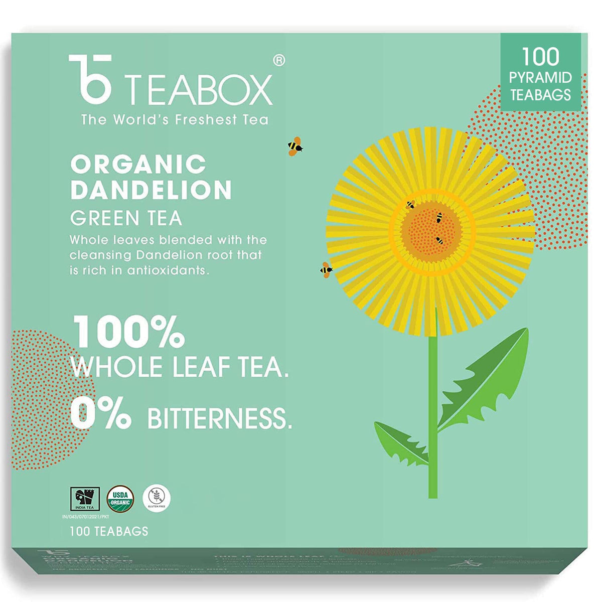 Teabox Dandelion Green Tea - 100 Pyramid Tea Bags | 100% Whole Leaf & 0% Bitterness - Green Tea From The Himalayas | Low Caffeine