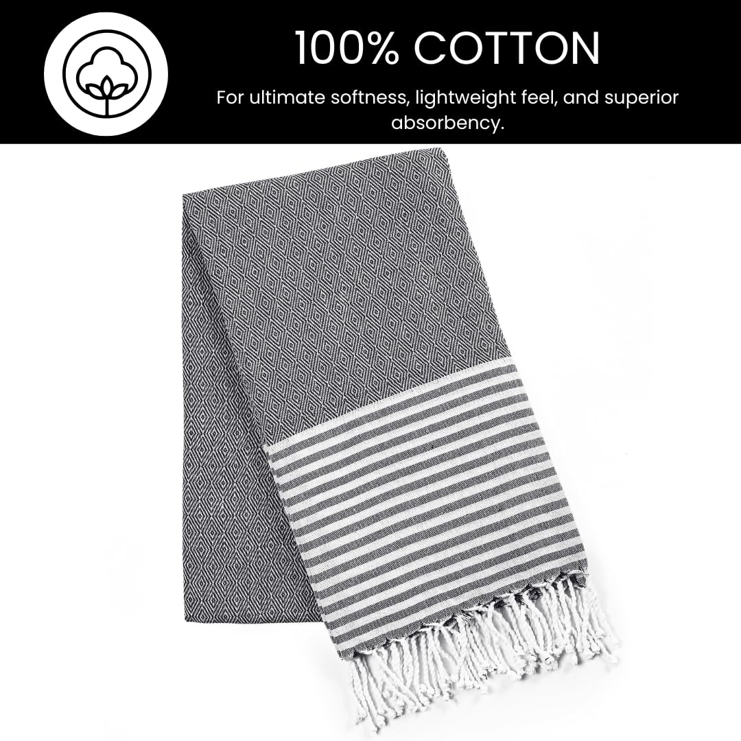 Destin Home Turkish Peshtemal Beach Towels 2 Kg | Cotton Soft, Lightweight, Quick-Drying & Absorbent For Beach Pool Spa Picnic Travel (Black)- Set Of 6