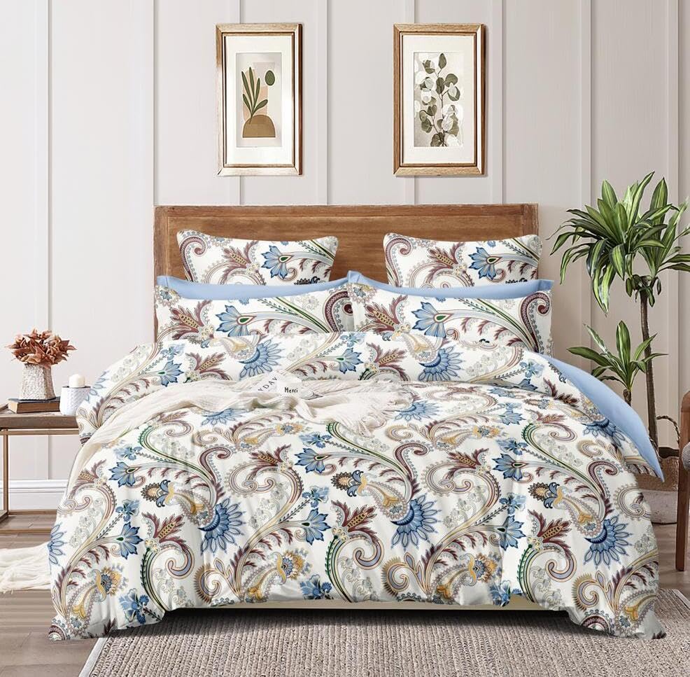 Queen Size Printed Double Bedsheet With 2 Pillow Covers For Home | 90 X 100 Inches, White & Blue - Beautiful Bedsheet Set | Perfect For Gifting Wedding, Anniversary