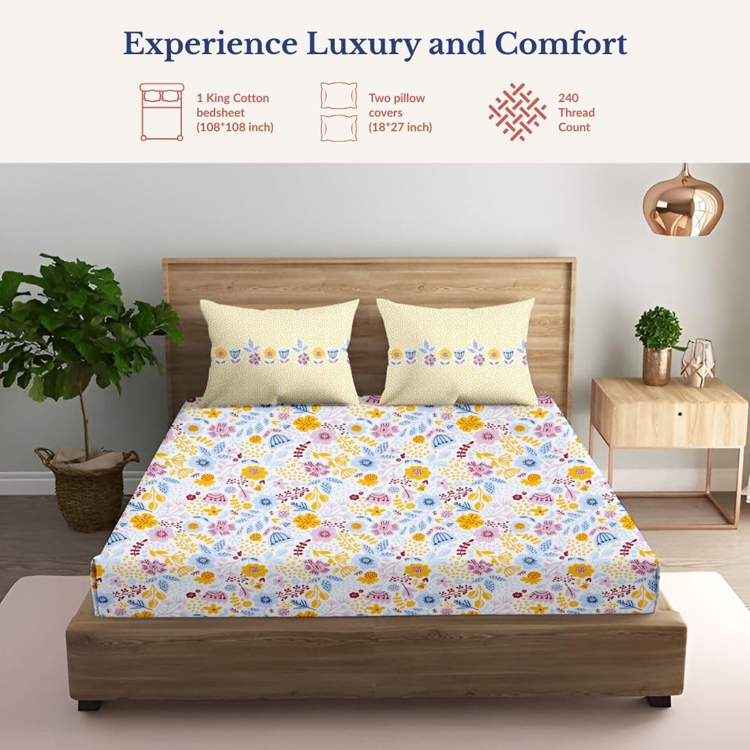 Super King Pure Cotton Bedsheet With 2 Pillow Covers | 108 × 108 Inches, Multicolor | Soft Breathable Floral Design Bedding | Comfortable Sleep All Year