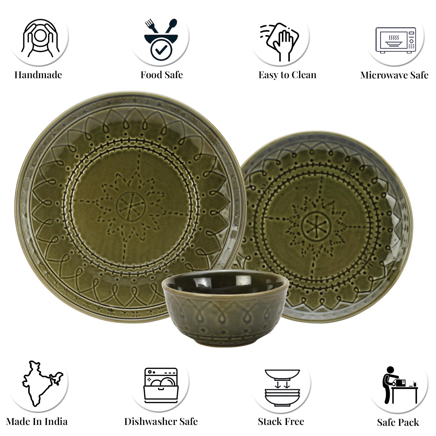 Handcrafted Stoneware Embossed Ceramic Dinner Set Of 12 Pcs - Moss Green | 4 Dinner Plates+ 4 Small Plates+ 4 Small Dinner Bowls, 180ml Each | Microwave & Dishwasher Safe - Serving For 4