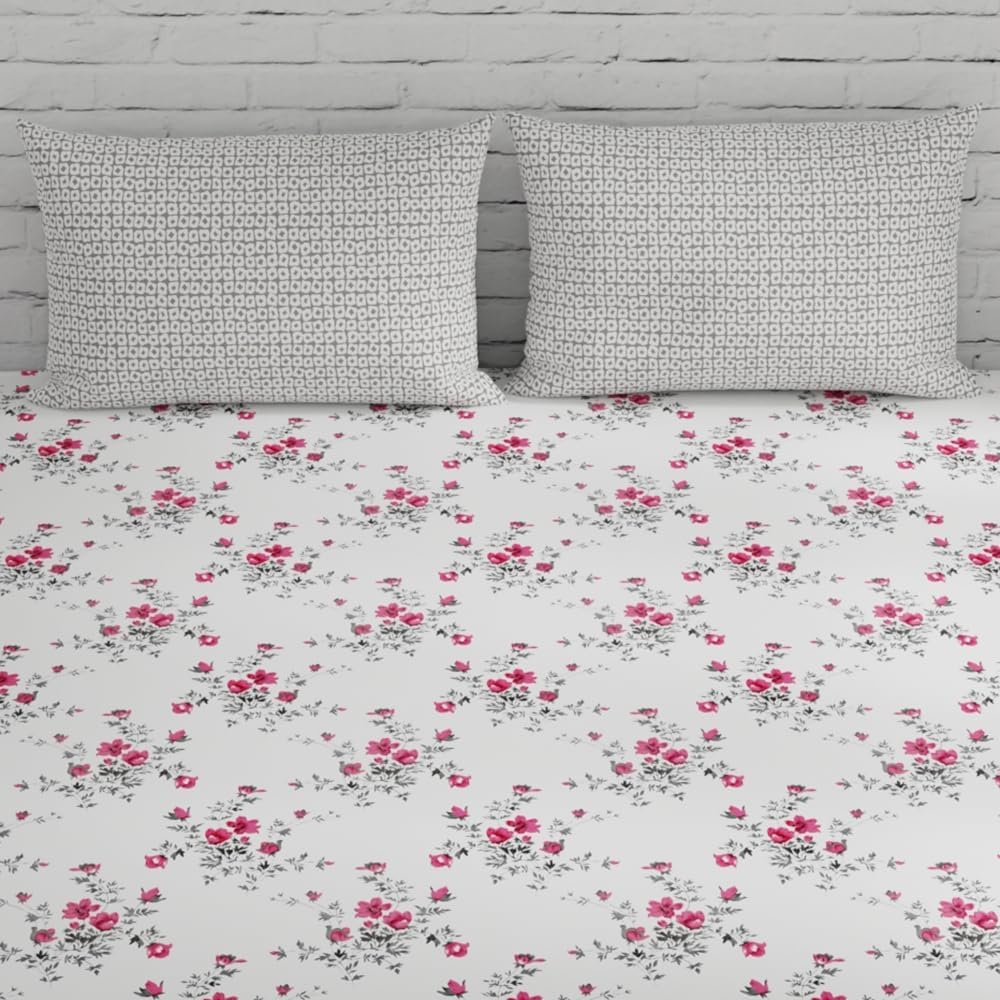 Super King Size Bedsheets 108 X 108 Inches With 2 Pillow Covers, Light Coral & Grey | Premium Super Soft Super Cotton Bedsheet