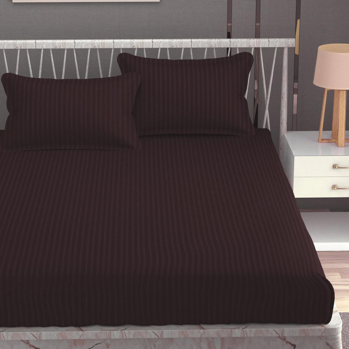 Stripe Glace Cotton 1 Double Bedsheet With 2 Pillow Cover - 91 X 90 Inches, Brown | Fade Resistant & Durable Breathable & Wrinkle Free Bed Sheet
