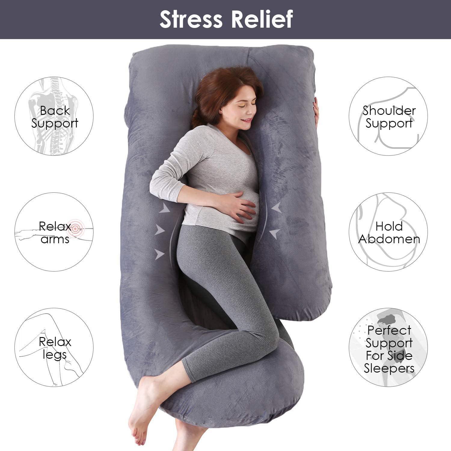 Pregnancy Pillow, Maternity Body Pillow For Sleeping, G Shaped Pillow, Grey - 55 Inch | Full Body Pillow, Lightweight, Foldable, Breathable, Removable Velvet Cover, Adjustable - Pack Of 1