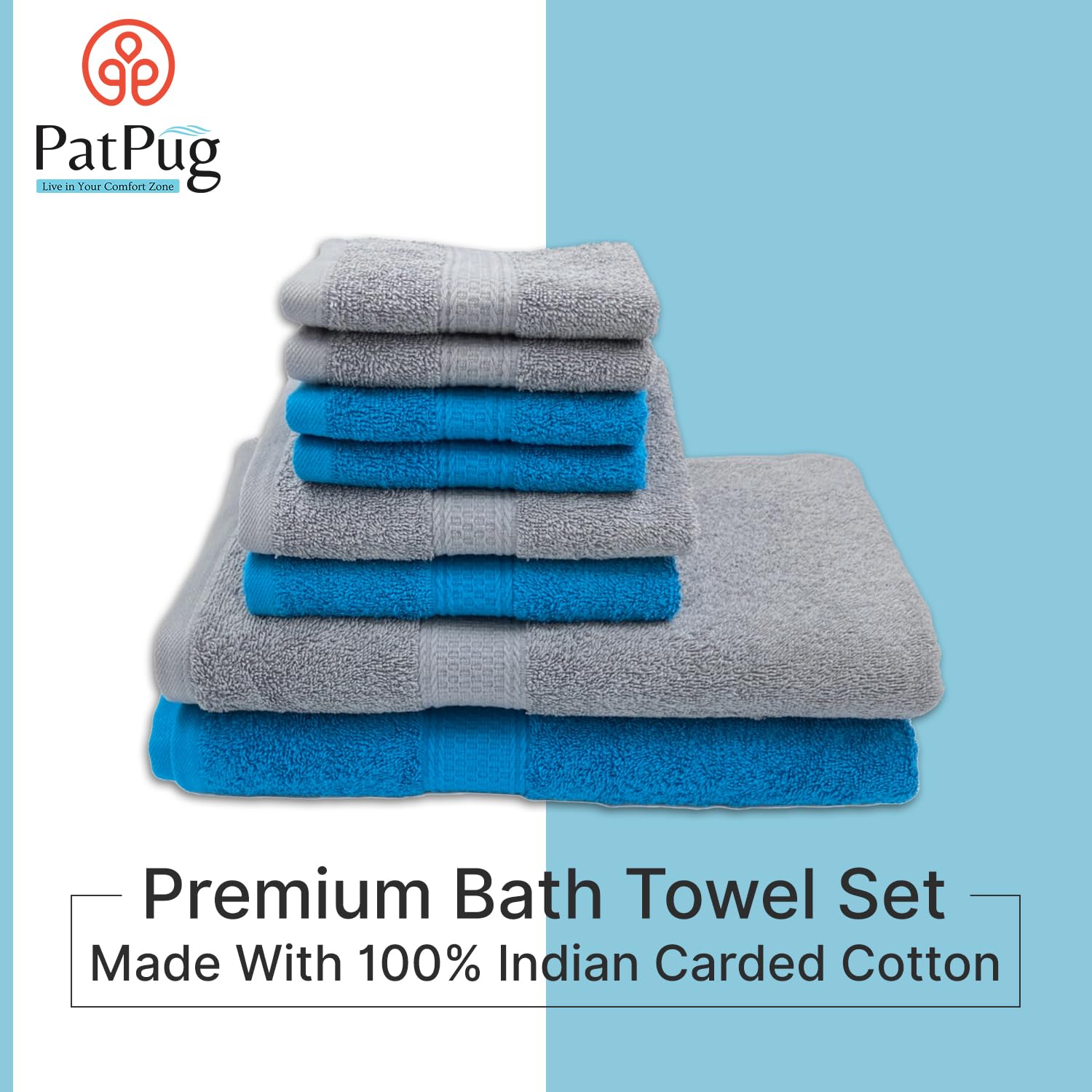 Patpug 100% Indian Cotton Plush Towel Set 2000 Gsm | Highly Absorbent, Fade Resistant, Quick Drying 2 Bath, 2 Hand & 4 Face Towel (Turquoise Blue & Silver Grey) - 8 Piece