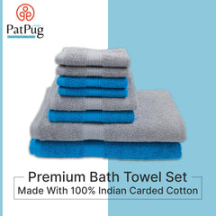 Patpug 100% Indian Cotton Plush Towel Set 2000 Gsm | Highly Absorbent, Fade Resistant, Quick Drying 2 Bath, 2 Hand & 4 Face Towel (Turquoise Blue & Silver Grey) - 8 Piece