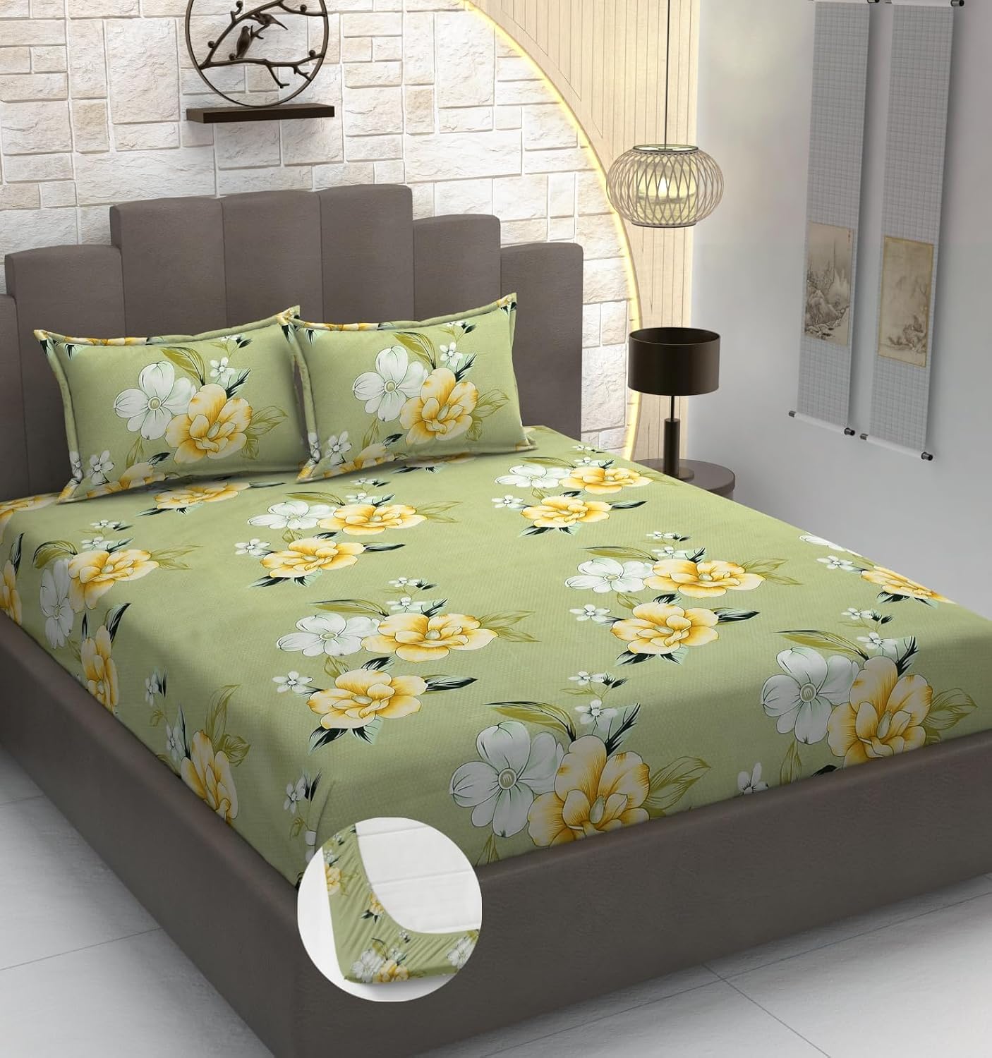 Cotton Elastic Fitted Bedsheets With 2 King Size Pillow Covers - 72 X 78 X 10 Inches, Light Green | Double Bed With All Around Elastic 350 Thread Count