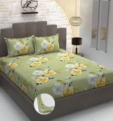 Heavy Cotton Elastic Fitted Bedsheet For King Size With 2 Matching Pillow Covers - 72 X 78 X 10 Inch, Light Green | Super Soft Breathable & Wrinkle Free