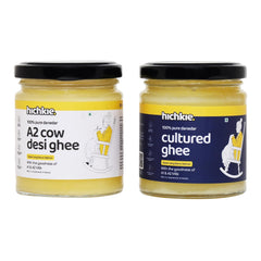 Natural A2 Cow Desi Ghee & Cultured Ghee By Hichkie | Rich In Vitamin A, D & K Healthy Vedic Bilona Method Pure Desi Ghee For Enhances Immunity | 360ml (180ml * 2) 12.1 Ounce | Combo Pack