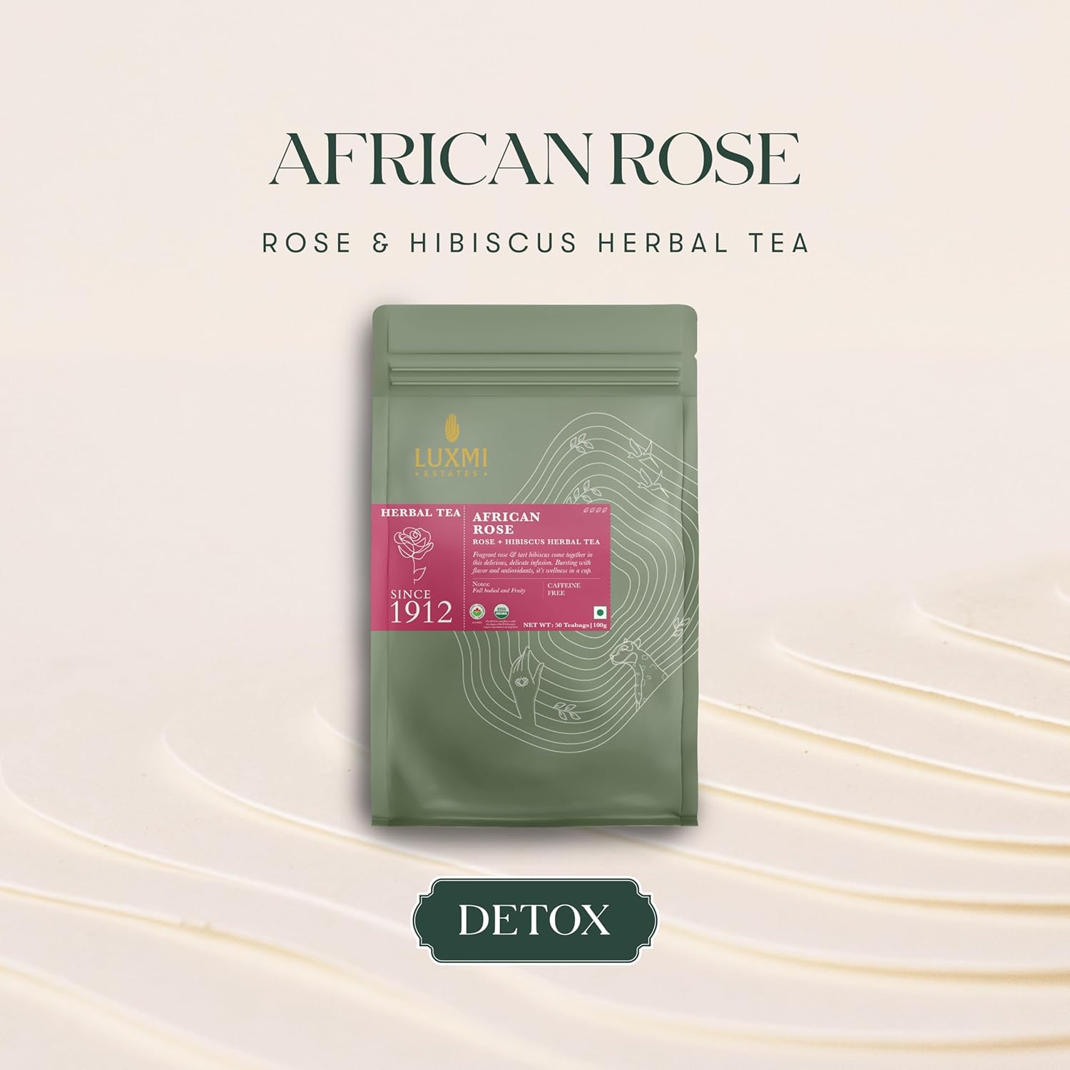 Luxmi Estates African Rose + Hibiscus Herbal Tea - 100gm, 3.5 Ounce, 50 Tea Bags | USDA Certified Organic Tea - Caffeine Free Herbal Tea Bags | Rich In Antioxidants, Additives Free