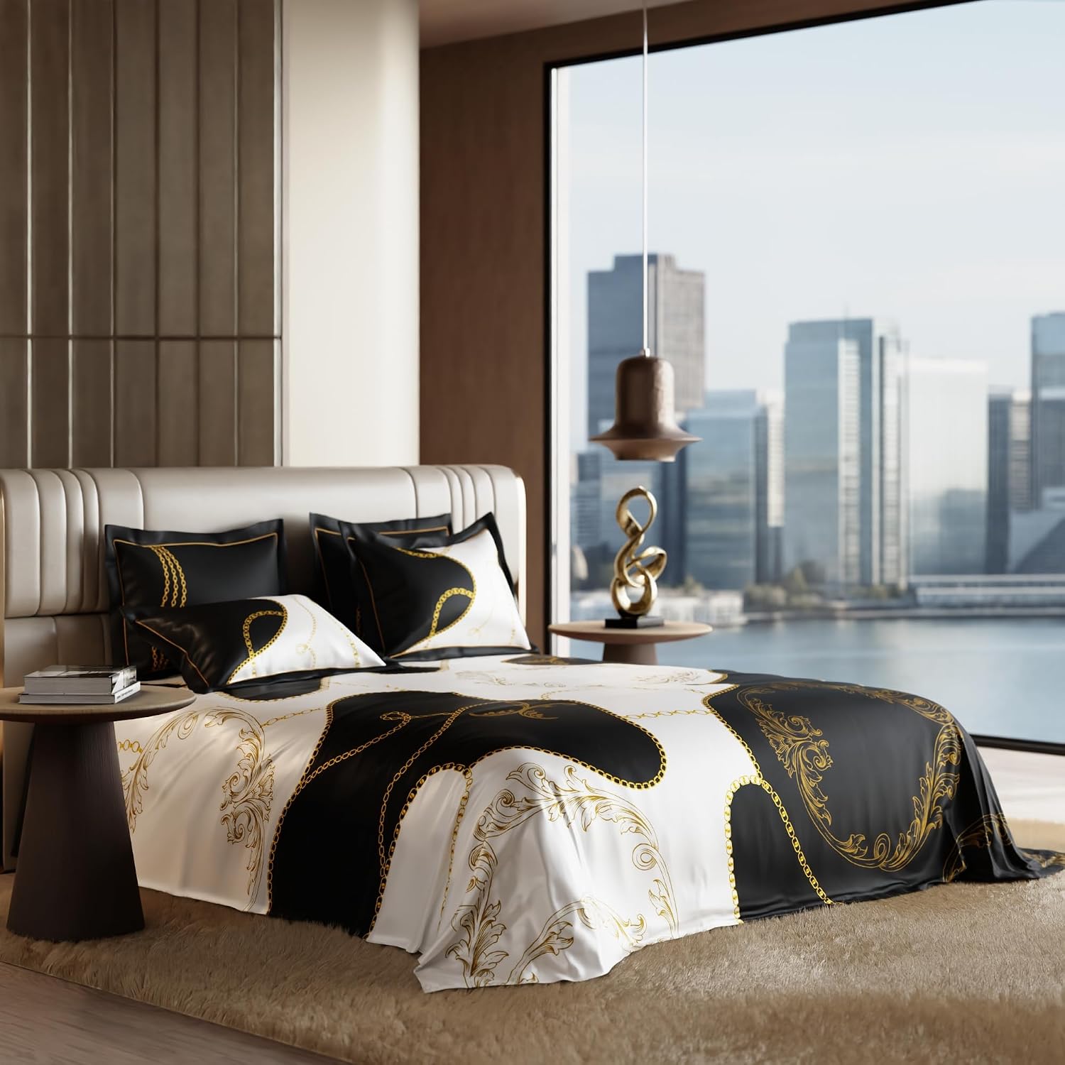Bedding Set 1 Bedsheet King Size With 4 Pillow Cover - 108 X 108 Inches, Deep Black & White | Wedding, Bedroom, Date Night Collection | 300 Thread Count