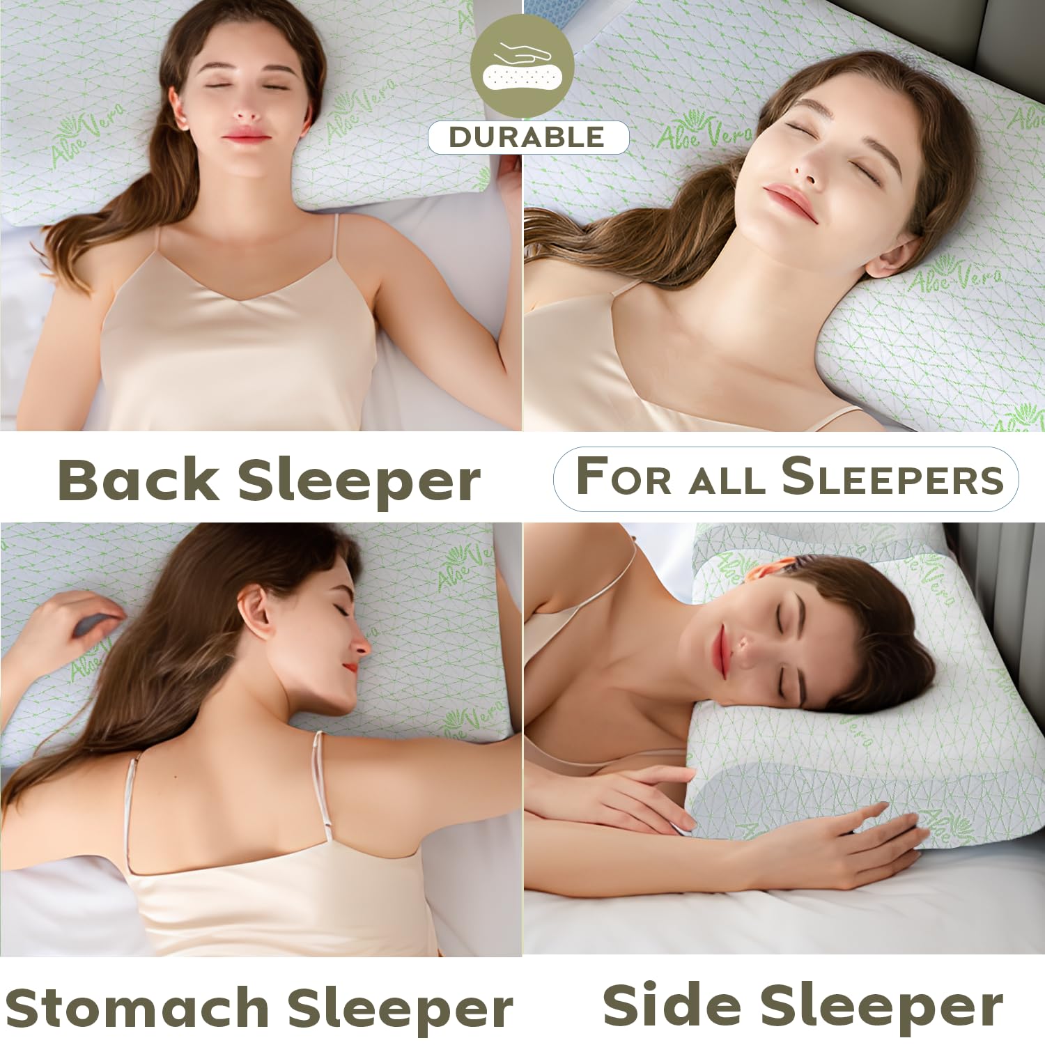 Aloevera Memory Foam Pillow, Cervical Pillow For Neck & Shoulder Pain Relief, White | Contour Neck Orthopedic Pillow For Spinal Alignment Ergonomic Pillow, Removable Cover - Set Of 4