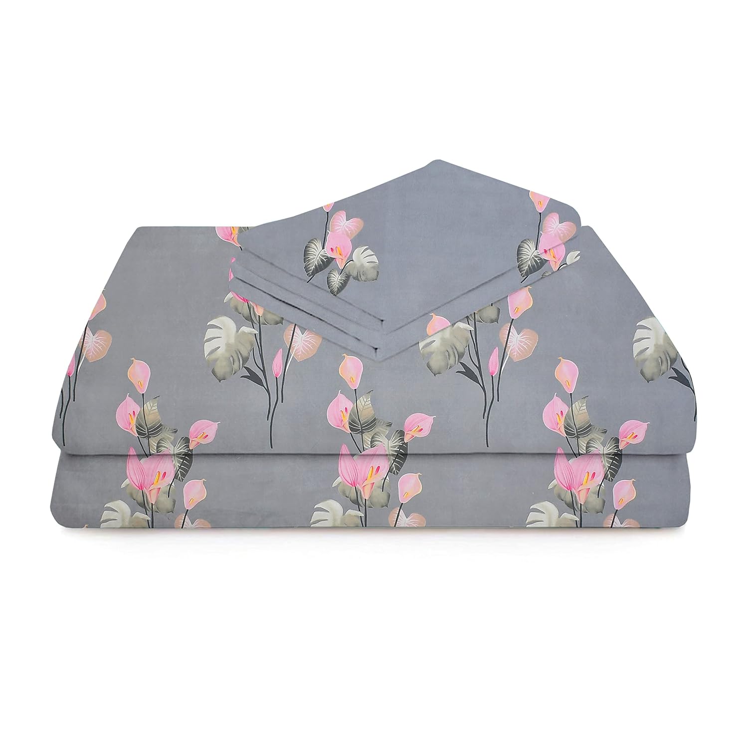 Double Bedsheet With Two King Size Pillow Covers - 90 X 100 Inches, Dark Grey & Pink | 100% Cotton Feel Soft Breathable Wrinkle Free | Ideal For Daily Use Home